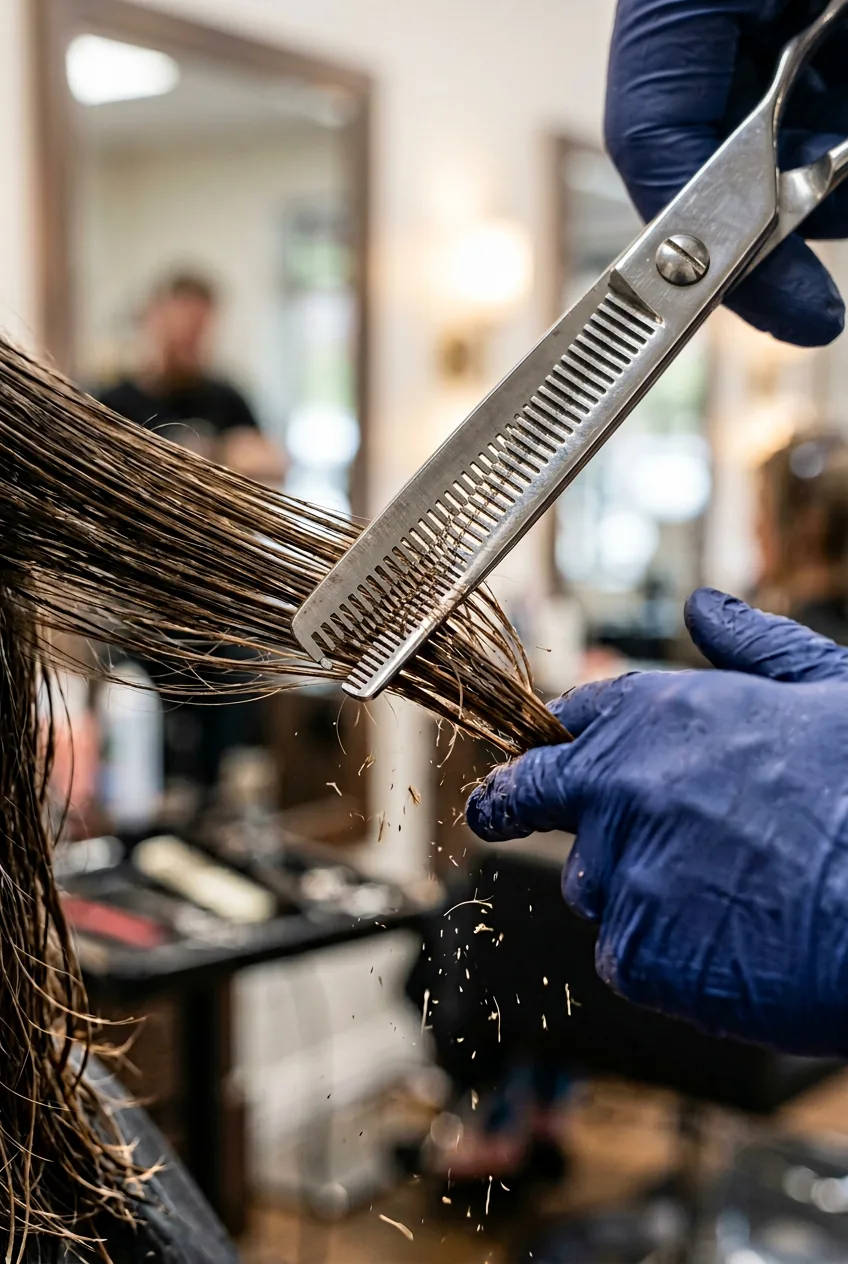 Extreme close-up of thinning shears texturizing layered hair ends with visible cut fragments falling