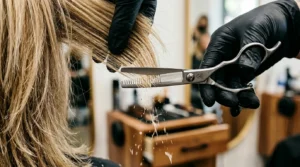 Extreme close-up of thinning shears cutting through layered hair ends with falling hair fragments