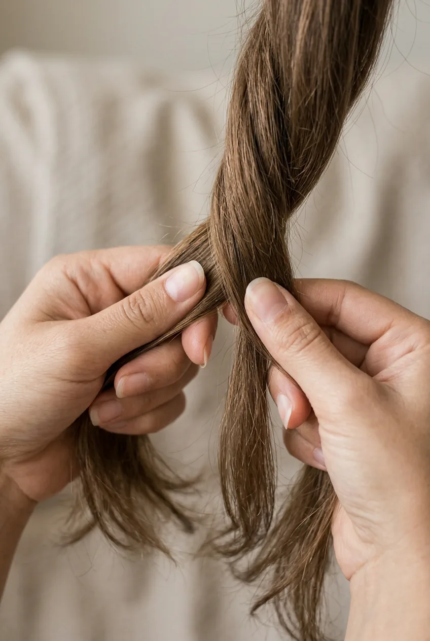 Hands holding three sections of hair in starting position for classic three-strand braid