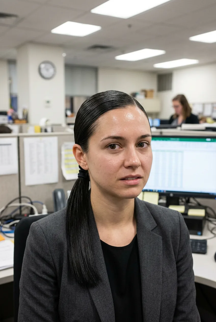 Woman with overly smooth corporate ponytail showing no texture or movement