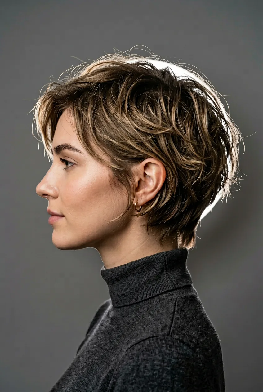 Woman with tousled crop cut displaying natural movement and effortless texture in side profile