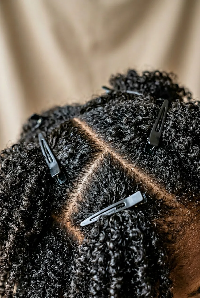 Close-up of triangular hair sectioning with clips separating curly hair sections for braiding preparation