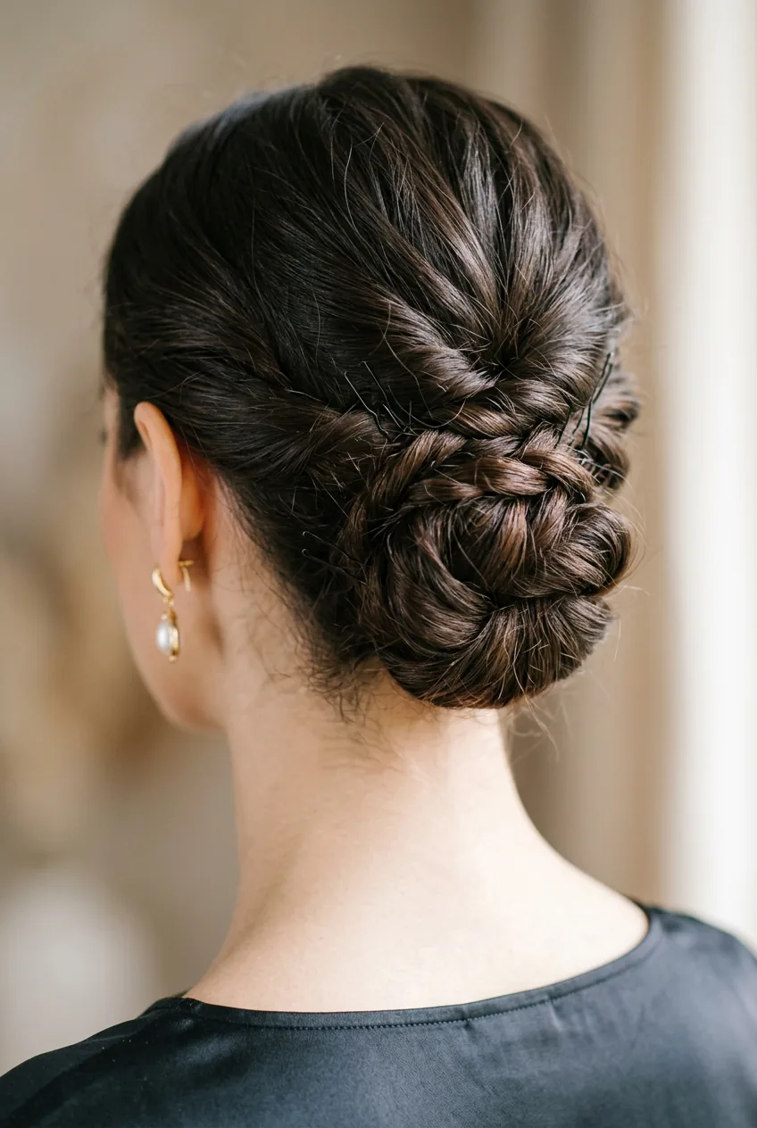 Close-up of twisted chignon at nape of neck showing bobby pin placement and hair sections