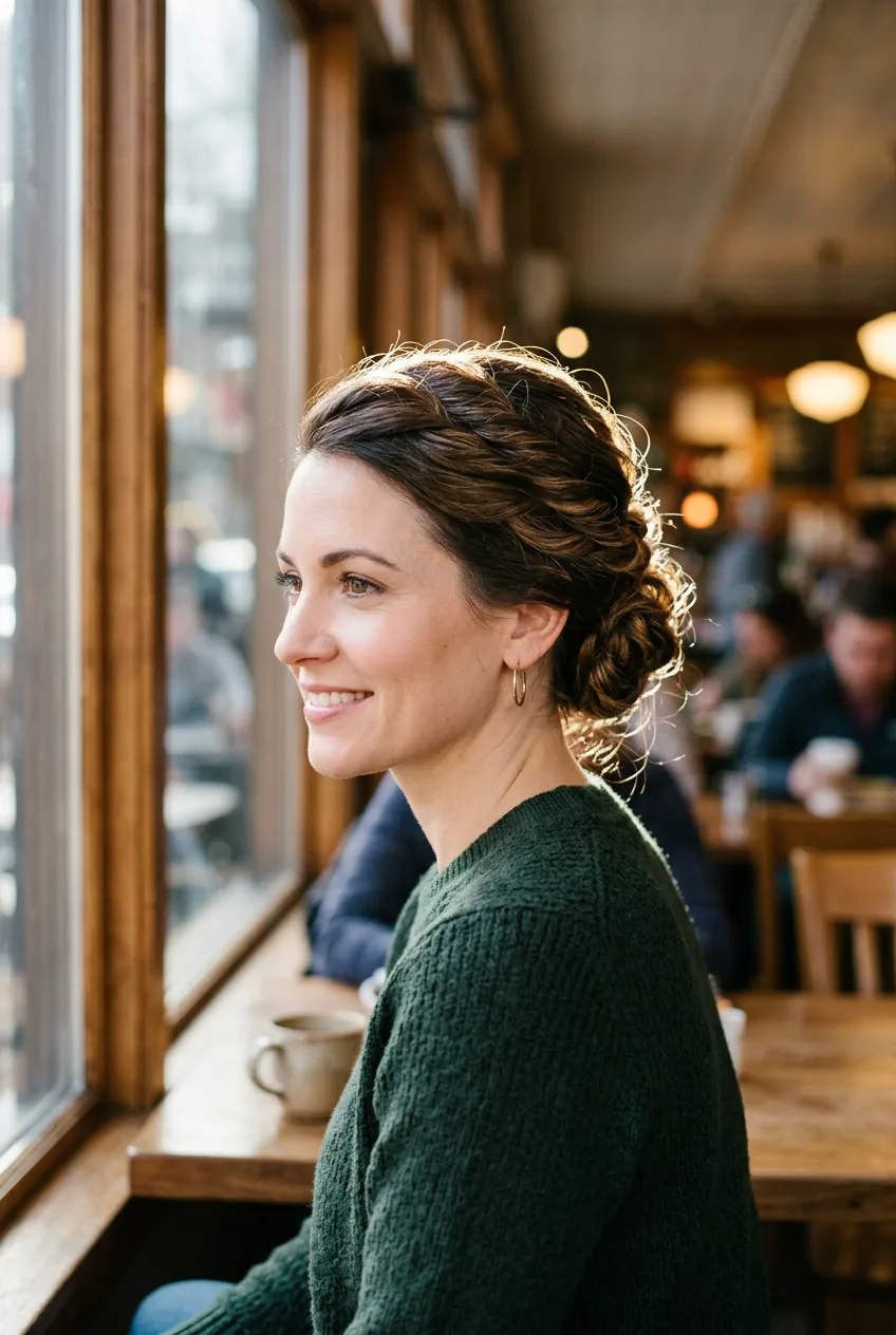 Woman with sophisticated twisted chignon showing elegant rope-like texture detail