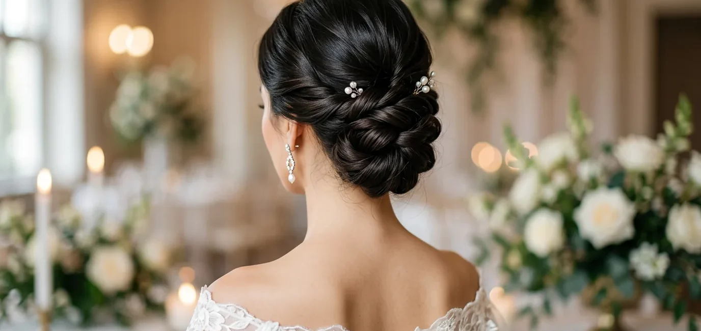 Elegant twisted chignon at nape of neck showing pin placement and smooth hair sections