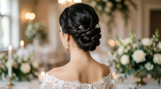 Elegant twisted chignon at nape of neck showing pin placement and smooth hair sections