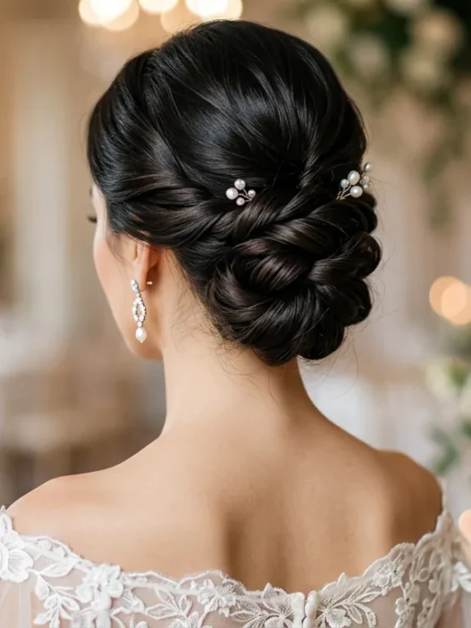 Elegant twisted chignon at nape of neck showing pin placement and smooth hair sections