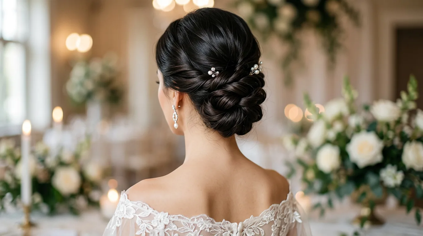 Elegant twisted chignon at nape of neck showing pin placement and smooth hair sections