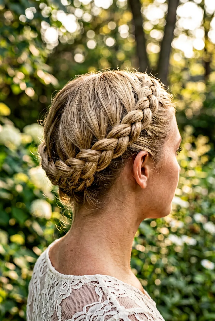 Three-quarter view of twisted crown braid in blonde hair creating halo effect with soft romantic lighting