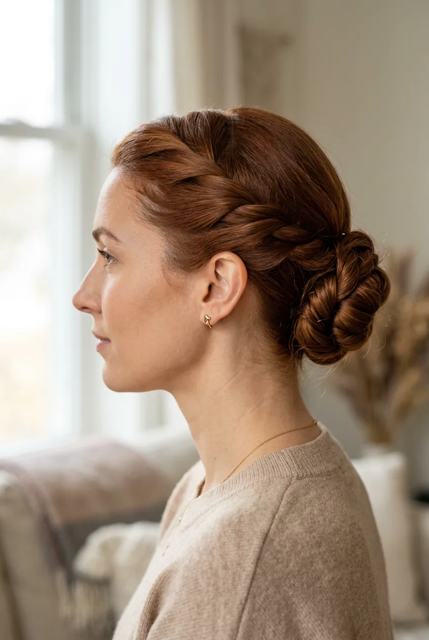 Profile view of twisted crown bun with auburn hair swept back smoothly