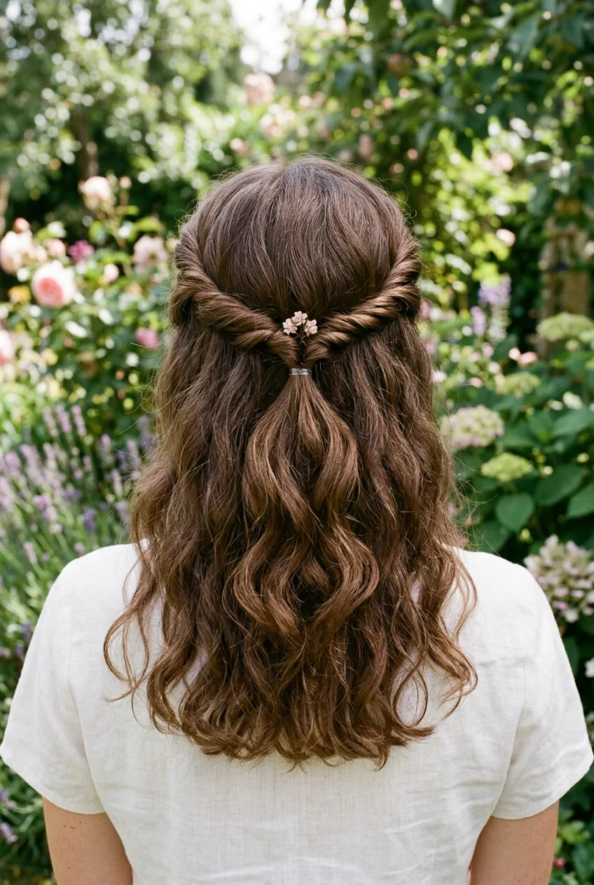 Back view of twisted half-up hairstyle with two twisted sections meeting at crown and loose flowing hair