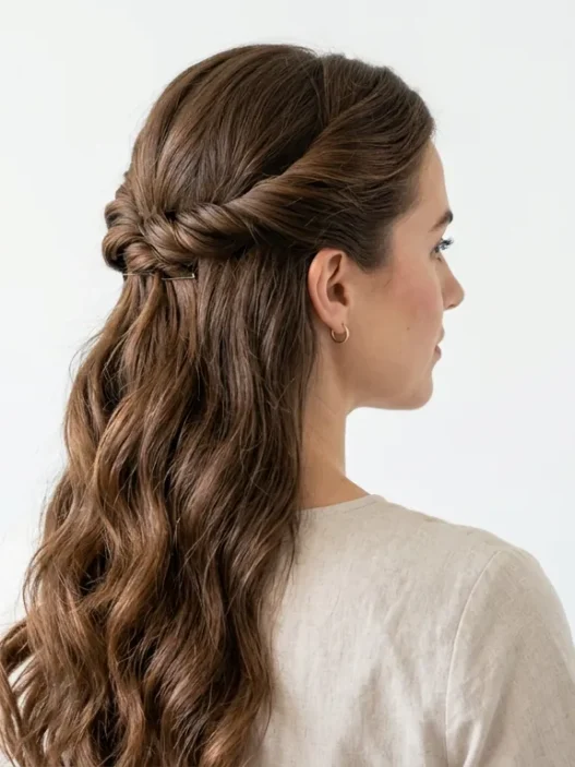 Woman with thick brown hair styled in a twisted half-up hairstyle viewed from three-quarter angle