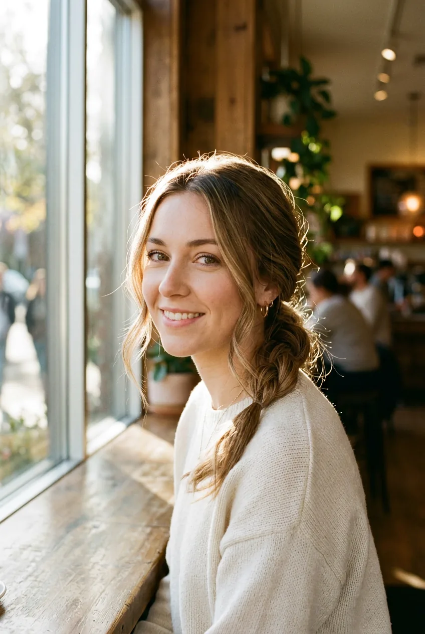 Woman with simple twisted low ponytail and loose face-framing pieces in natural light