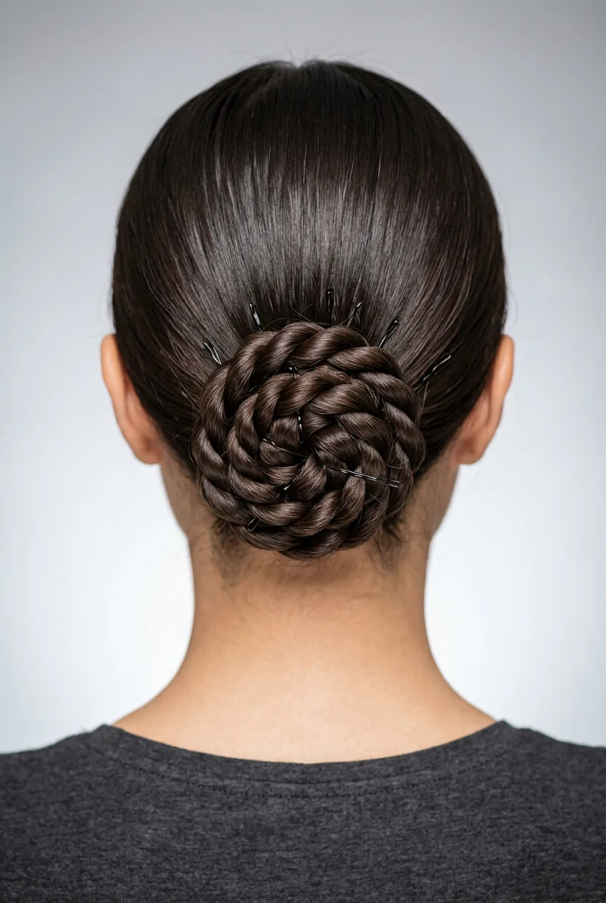 Twisted rope braid coiled into bun showing textured weaving technique