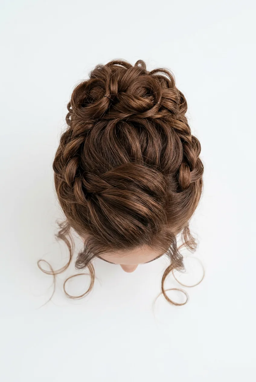 Chestnut brown long hair in elegant twisted updo from overhead view on clean white background