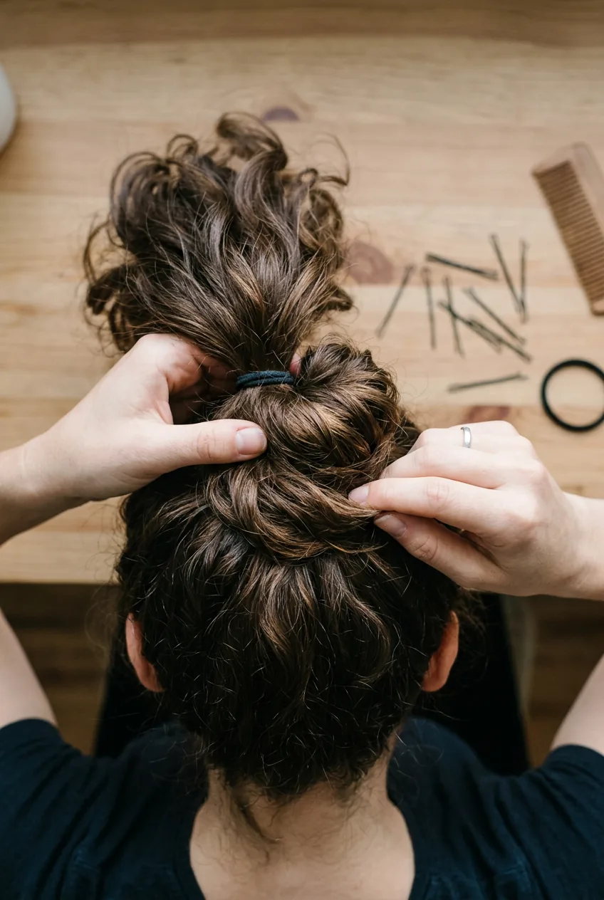 Overhead view of hands twisting hair around ponytail base creating bun foundation