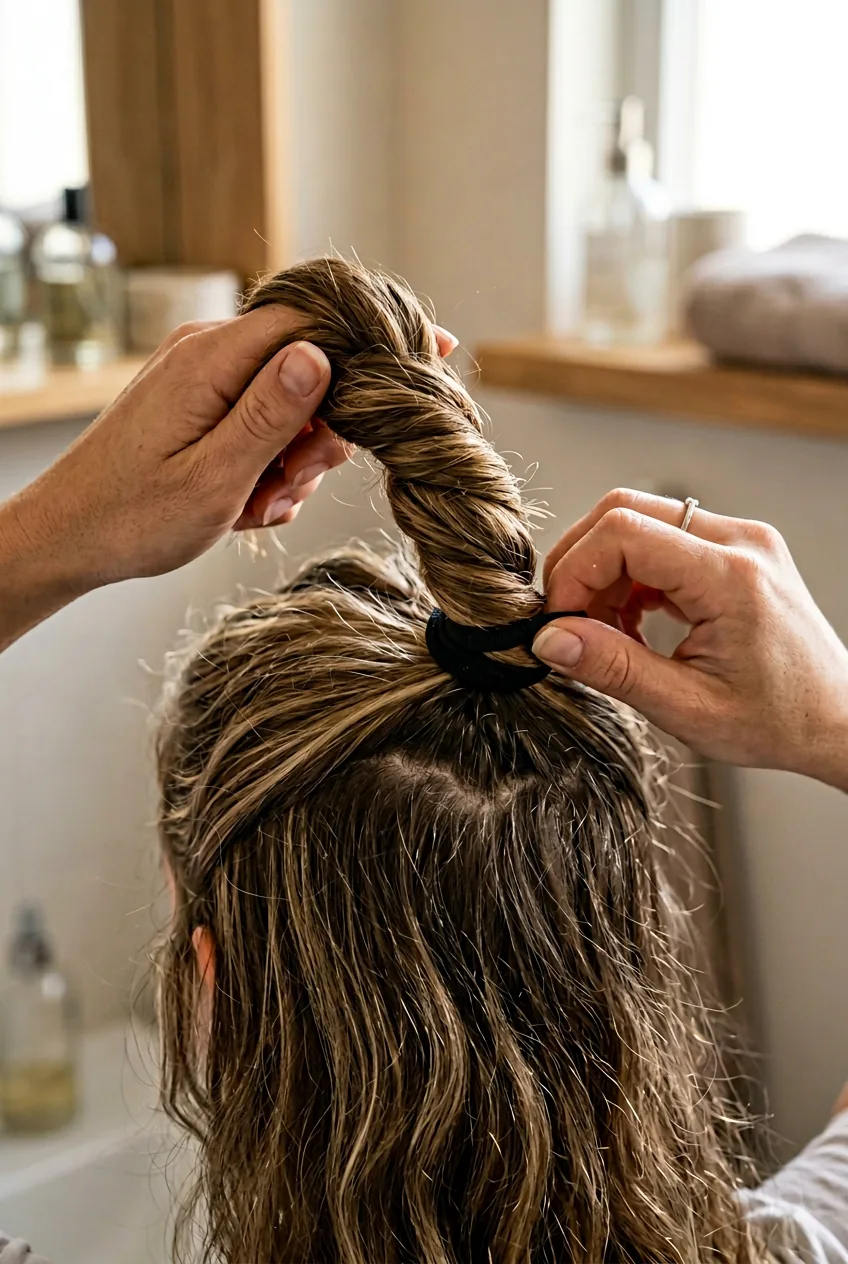 Hands twisting long hair ponytail clockwise in preparation for wrapping into bun formation