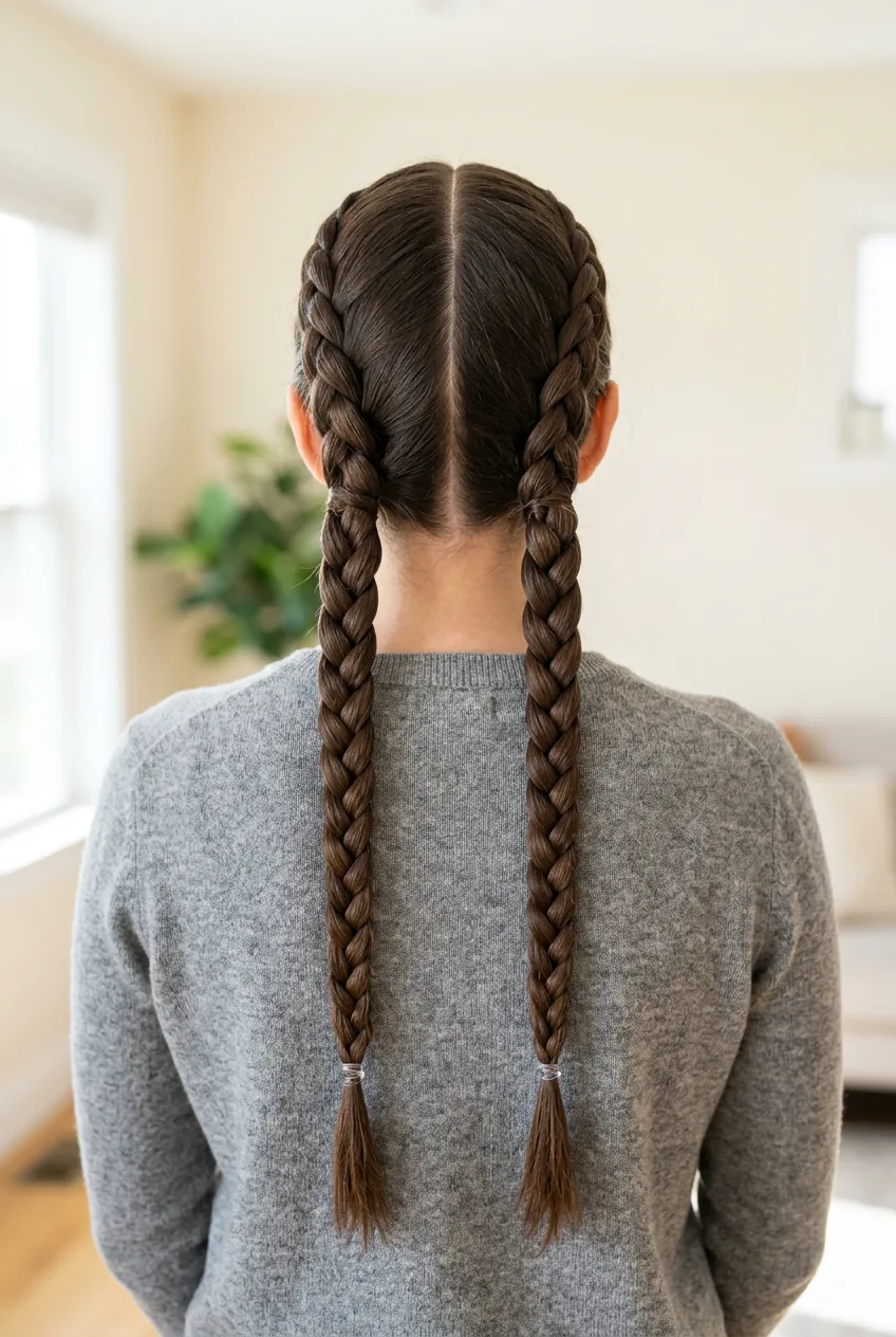 Final result of two perfectly even braids hanging down woman's back secured with matching elastics