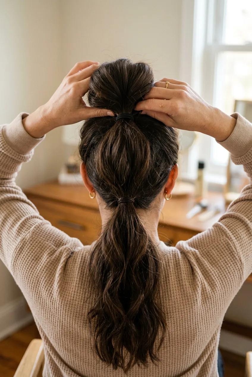 Two-tiered ponytail system showing lower and upper ponytails creating volume for updo structure