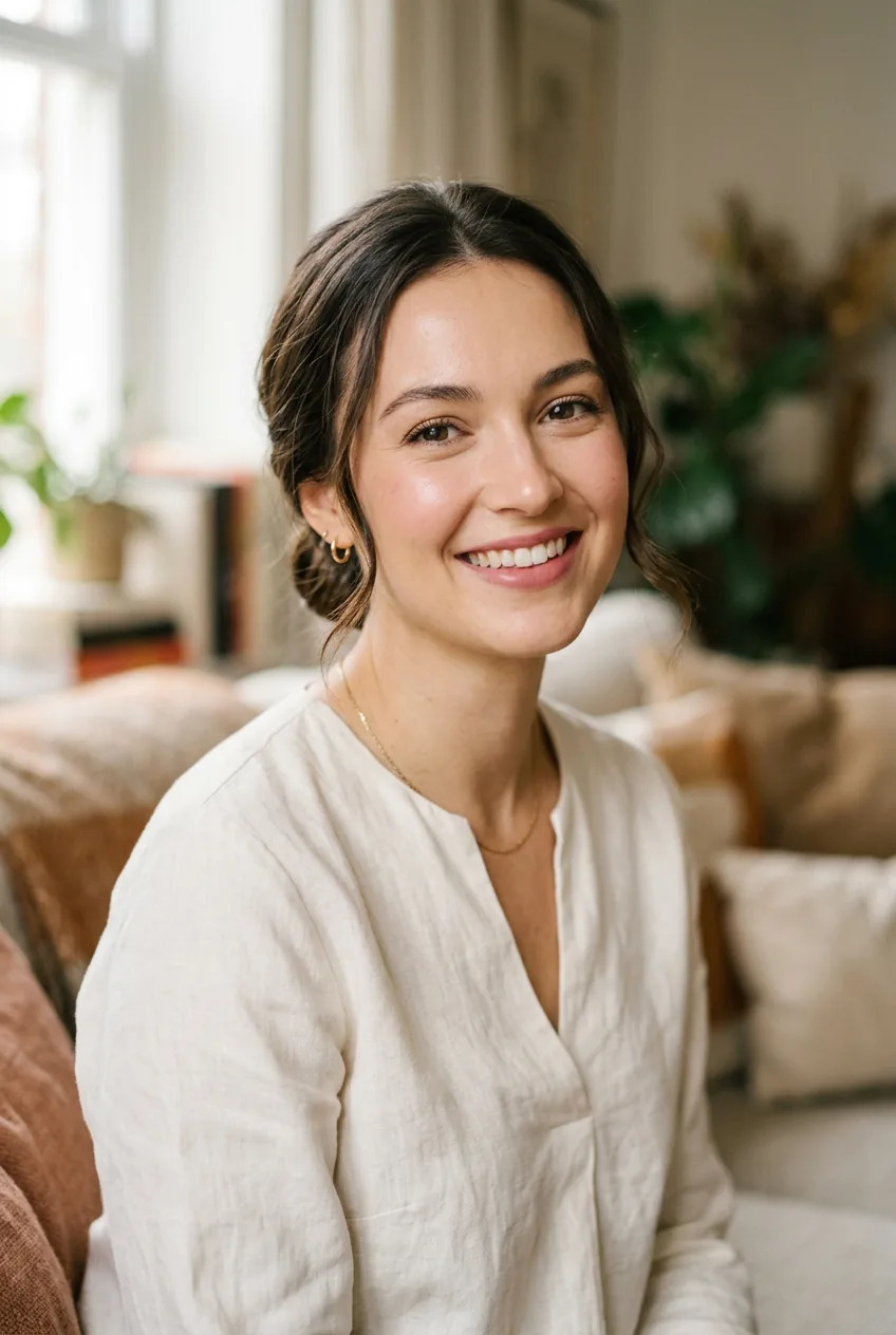 Simple elegant hairstyle on woman with natural makeup and gentle lighting