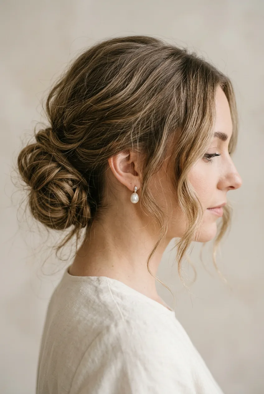Side profile showing undone low bun with textural pieces and intentional flyaways around face