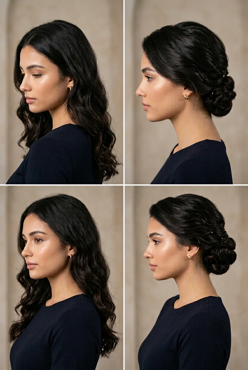 Before and after comparison showing hair transformation from loose waves to elegant updo