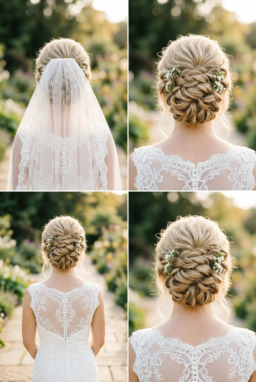 Bride showing complete updo hairstyle structure with and without veil attachment