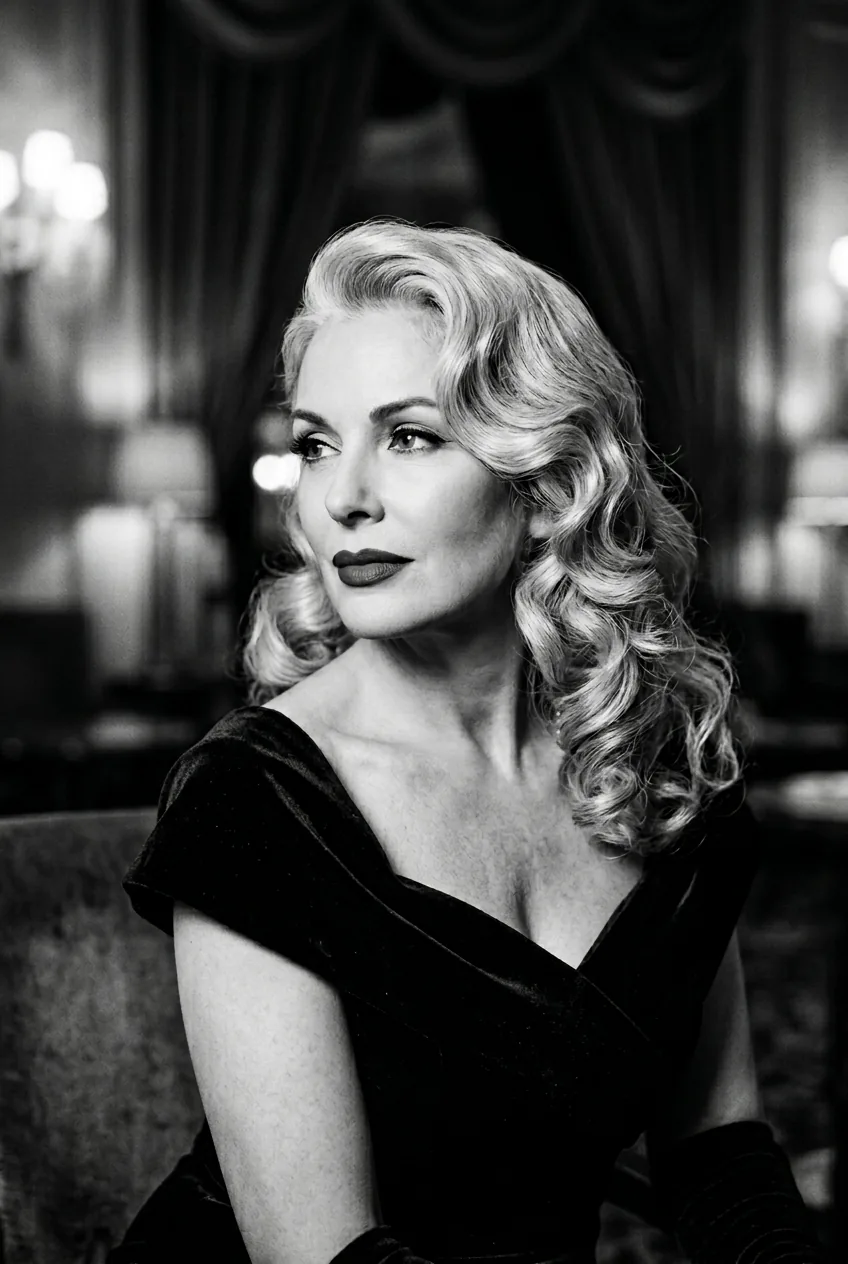 Vintage Hollywood-inspired waves in silver hair with classic glamour styling