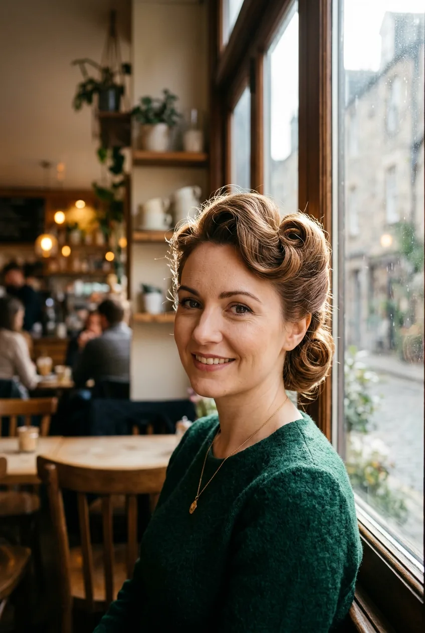 Woman with vintage pin curl updo featuring structured curves and waves