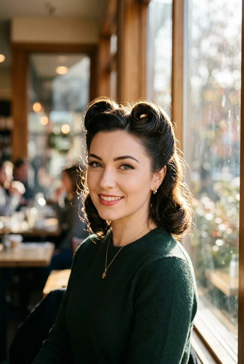 Woman with vintage victory rolls styled in perfect 1940s glamour