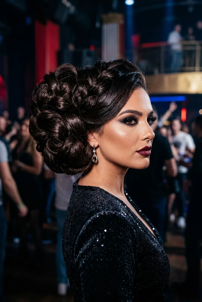 Dramatic voluminous side bun with height positioned for nightlife glamour