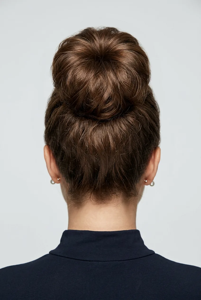 Back view of voluminous sock bun with teased brunette hair creating fullness