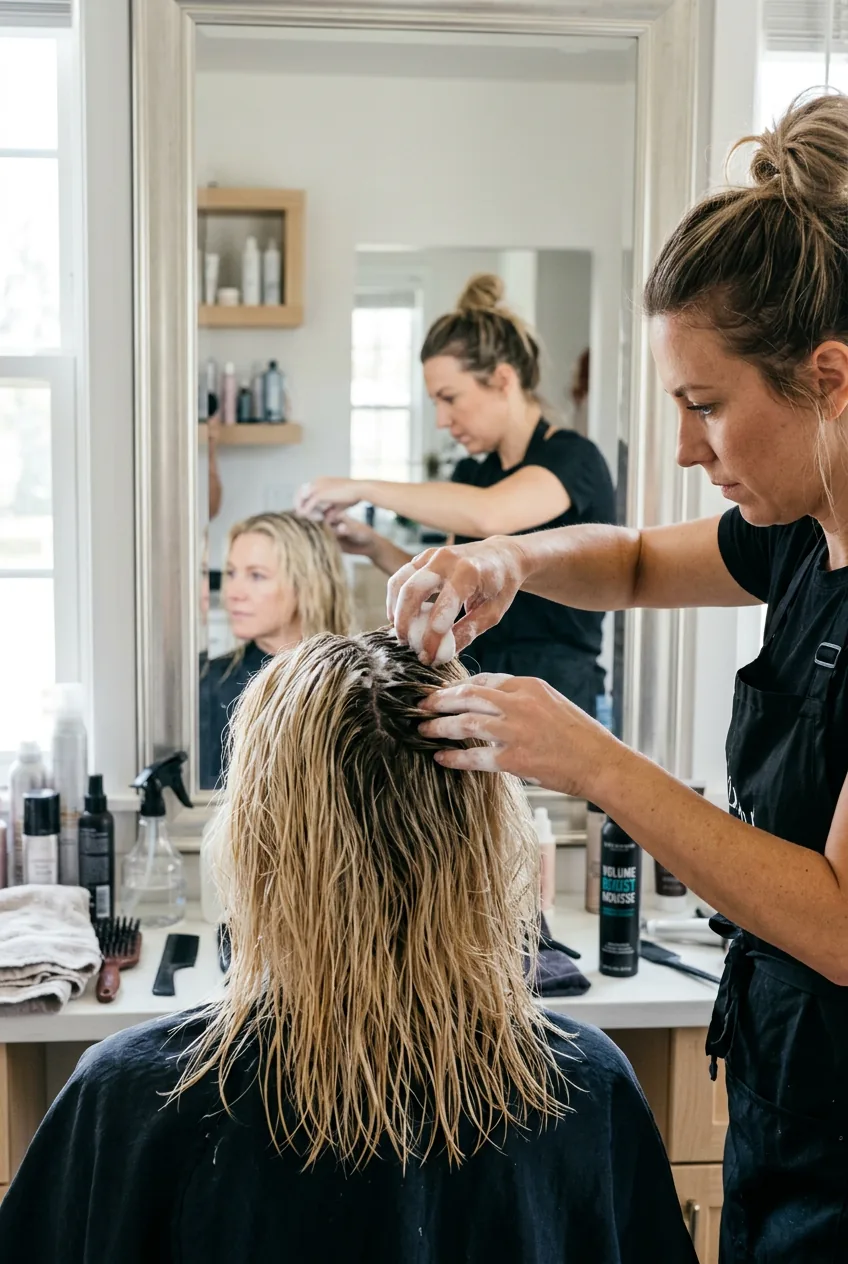 Volumizing mousse being applied to blonde woman's damp hair roots during preparation