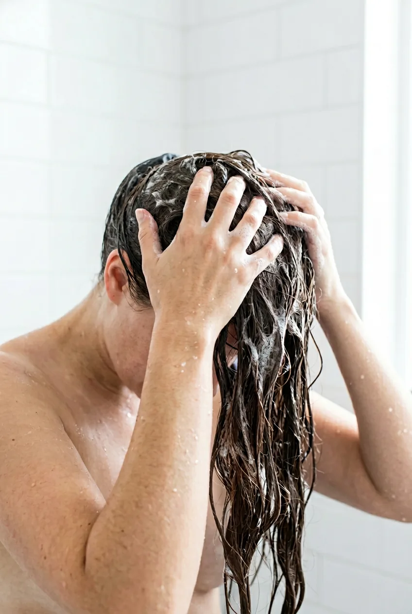 Woman's hands massaging shampoo into long wet hair in shower with natural lighting