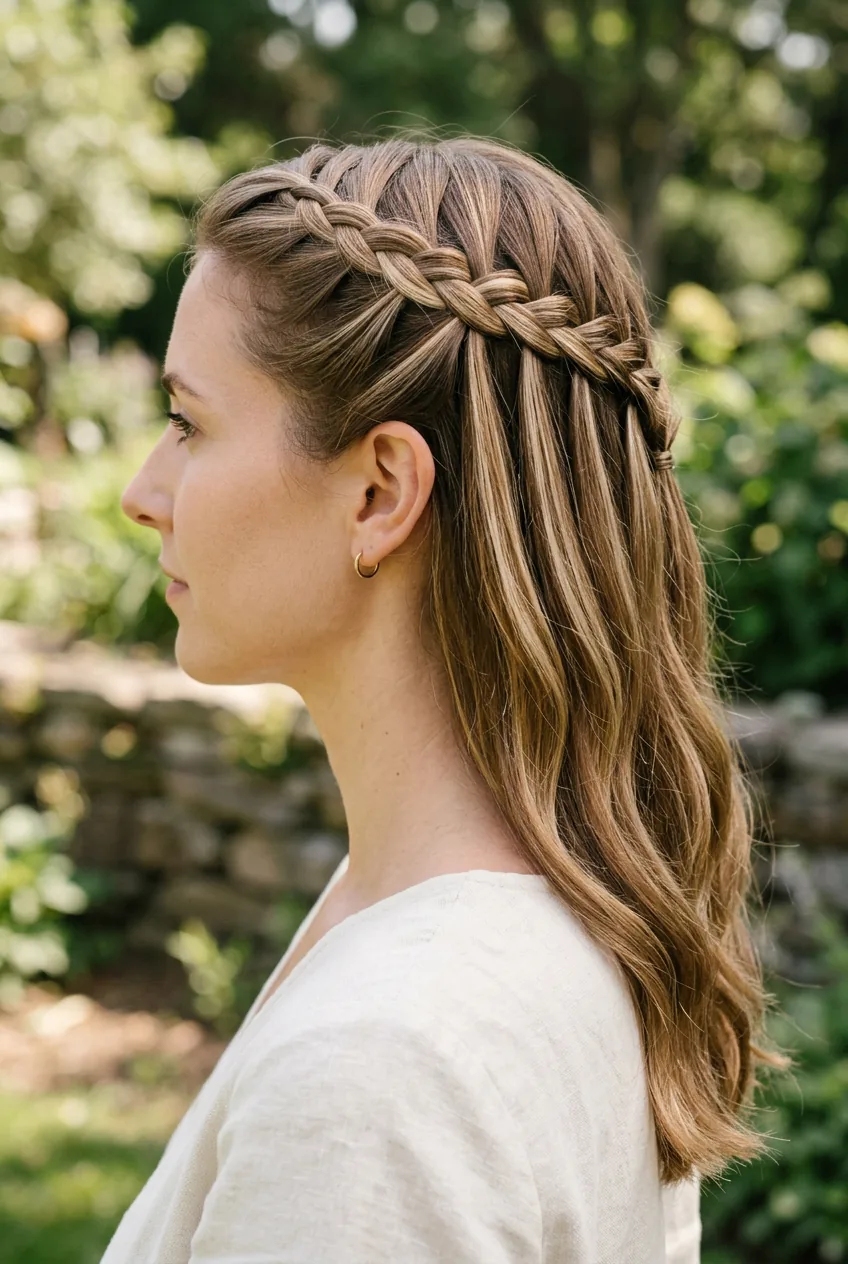 Profile view of waterfall braid with cascading hair strands falling through braid pattern