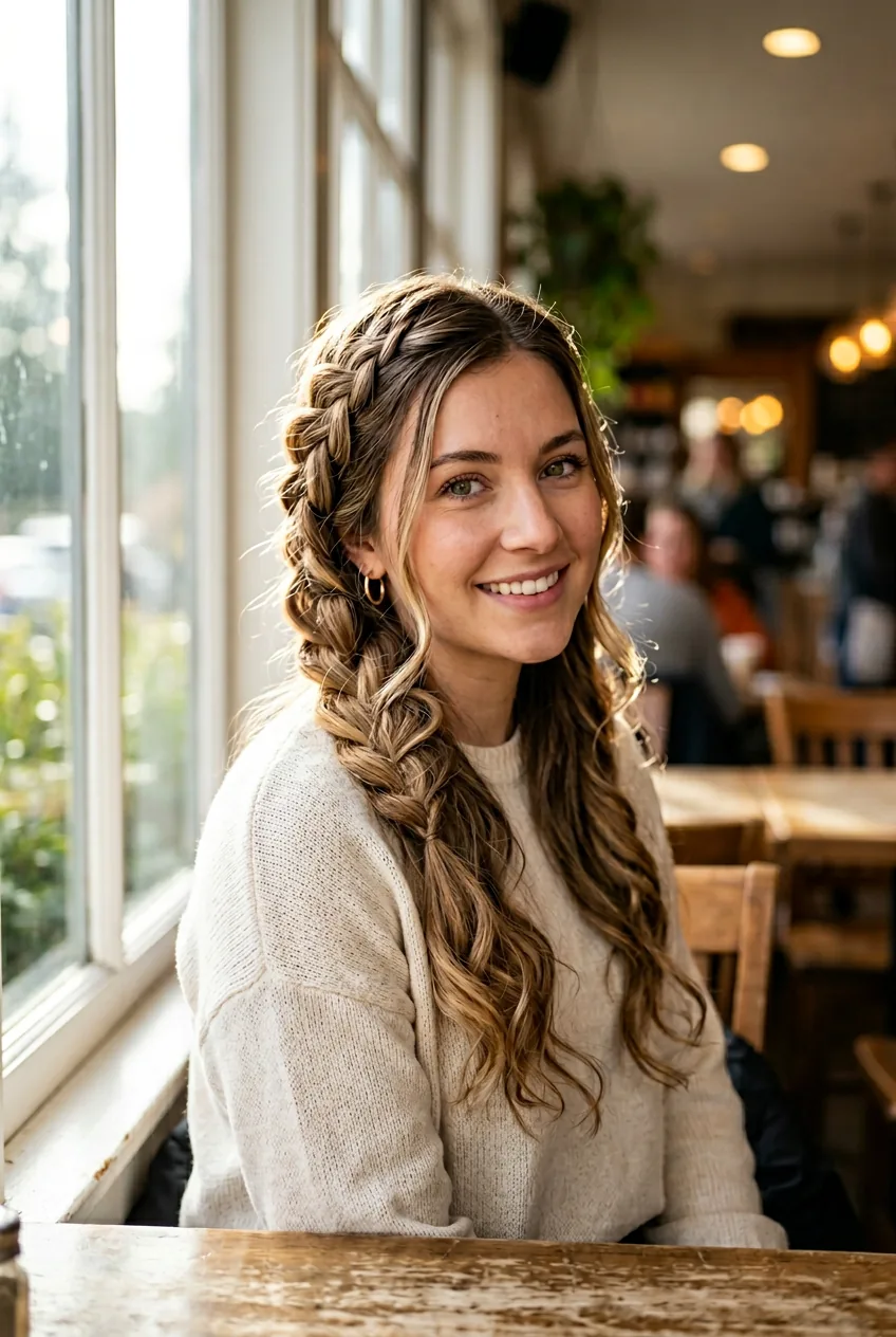 Woman with romantic waterfall braid and cascading loose hair sections