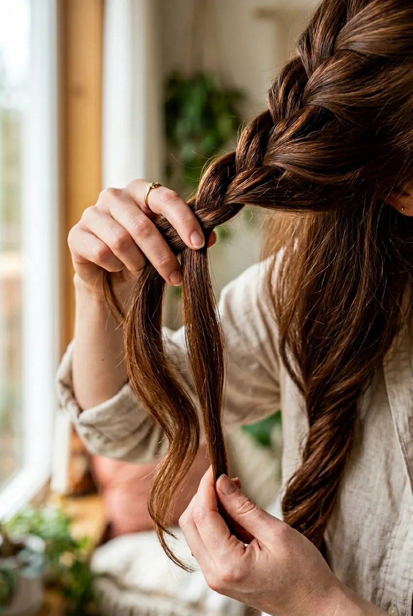 Close-up demonstration of waterfall twist braid technique with cascading hair sections in chestnut brown hair