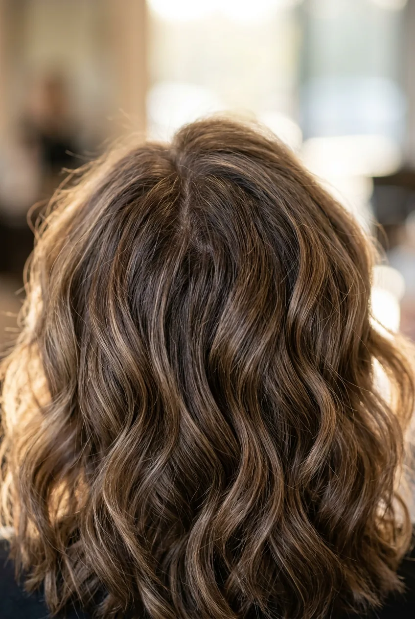 Close-up of wavy hair crown area displaying natural volume and lift from layered cutting technique