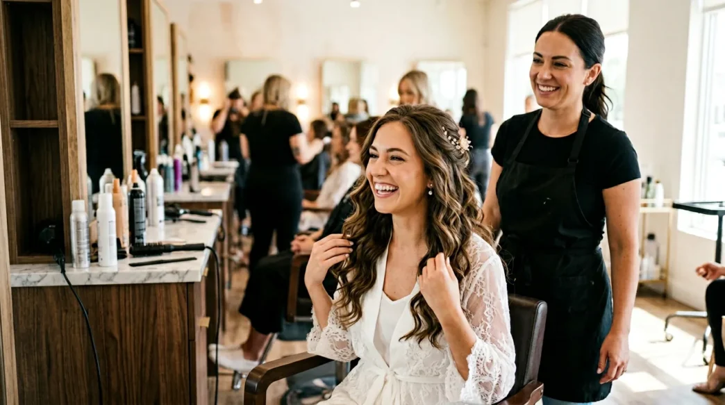 Woman with completed wedding hair down style looking delighted in bright salon mirror