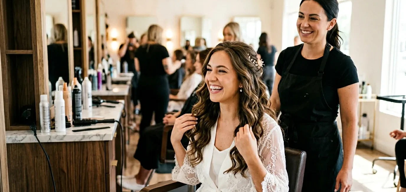 Woman with completed wedding hair down style looking delighted in bright salon mirror