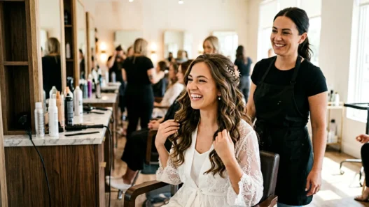 Woman with completed wedding hair down style looking delighted in bright salon mirror