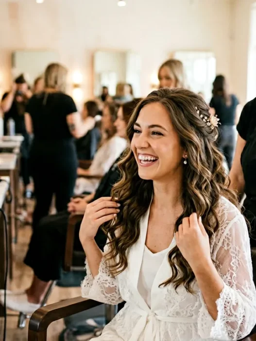 Woman with completed wedding hair down style looking delighted in bright salon mirror