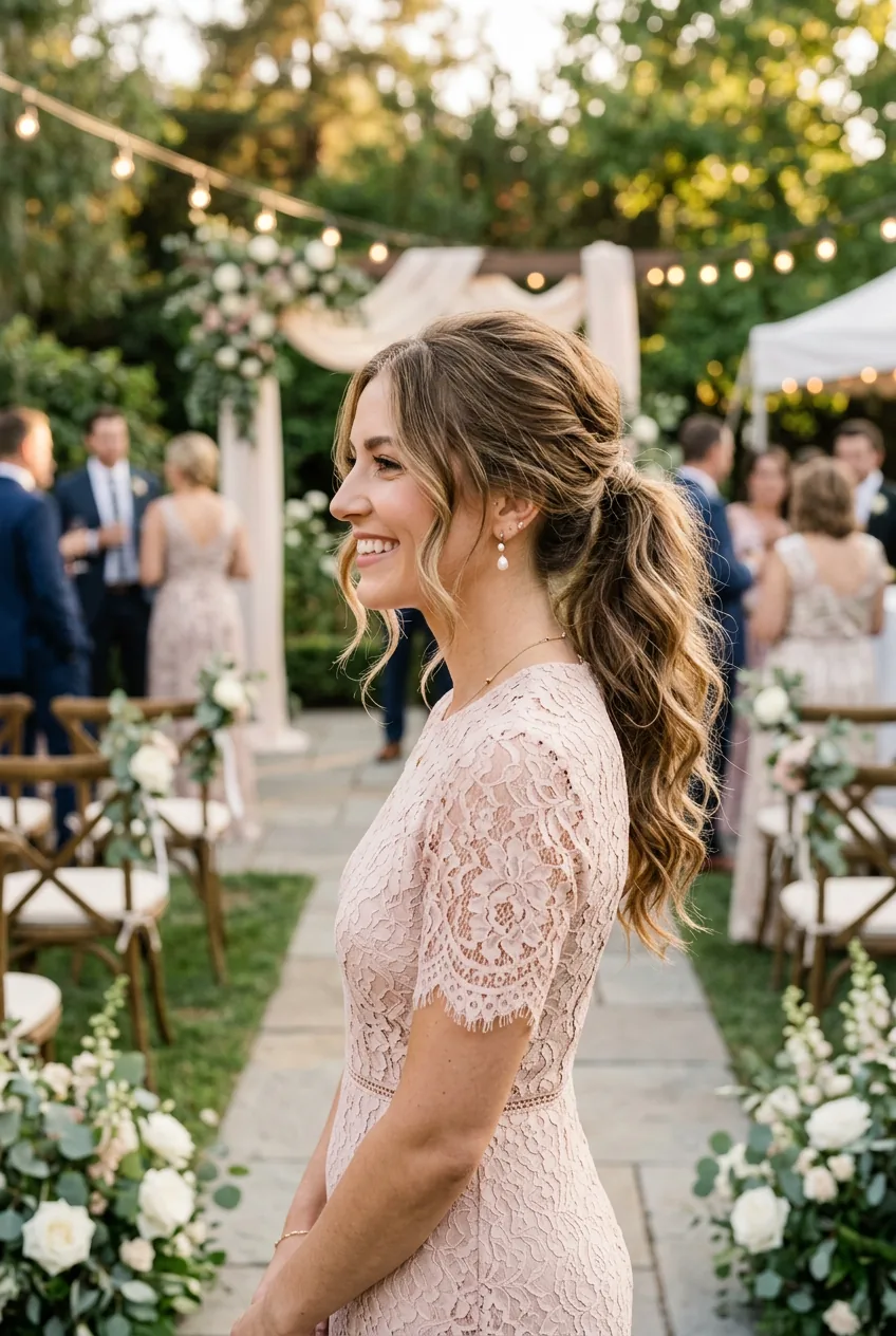 Woman at wedding with romantic messy ponytail showing face-framing pieces