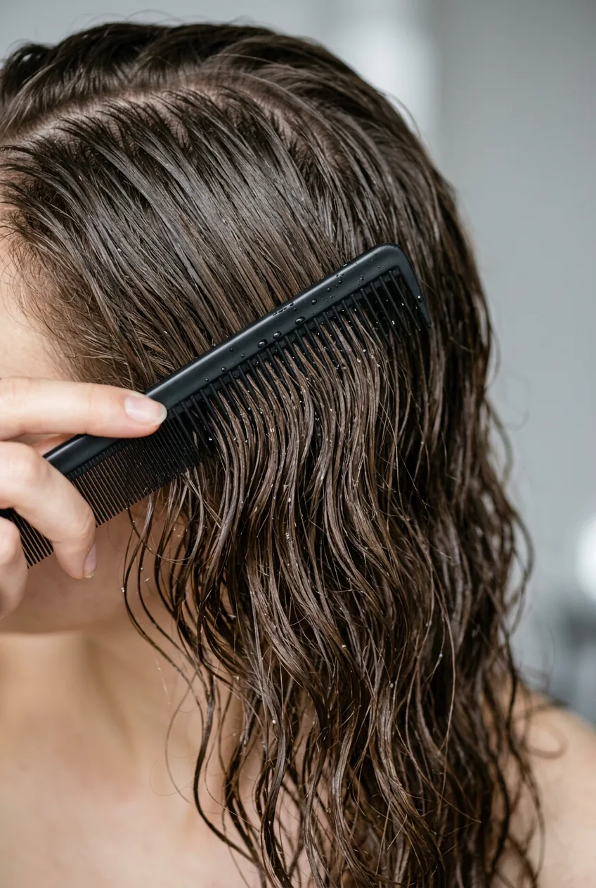Wet hair being combed to display natural fall pattern with visible water droplets and texture