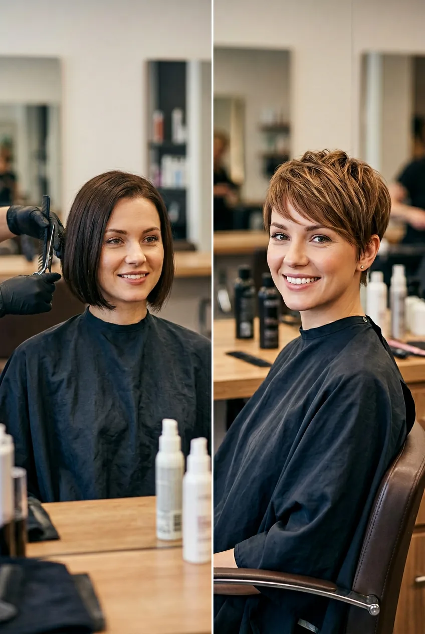 Transformation process showing woman with wet hair being styled from bob to pixie length