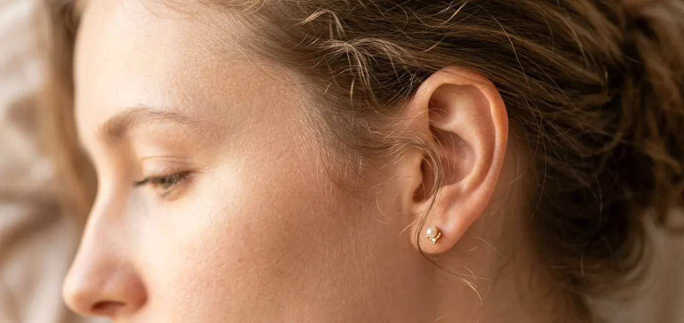 Close-up of delicate wispy hair tendrils and baby hairs at woman's temple area with soft lighting