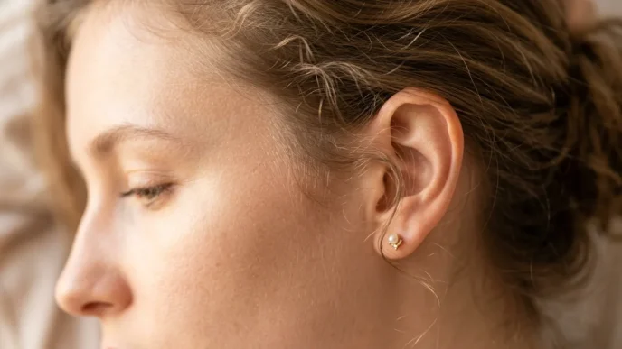 Close-up of delicate wispy hair tendrils and baby hairs at woman's temple area with soft lighting