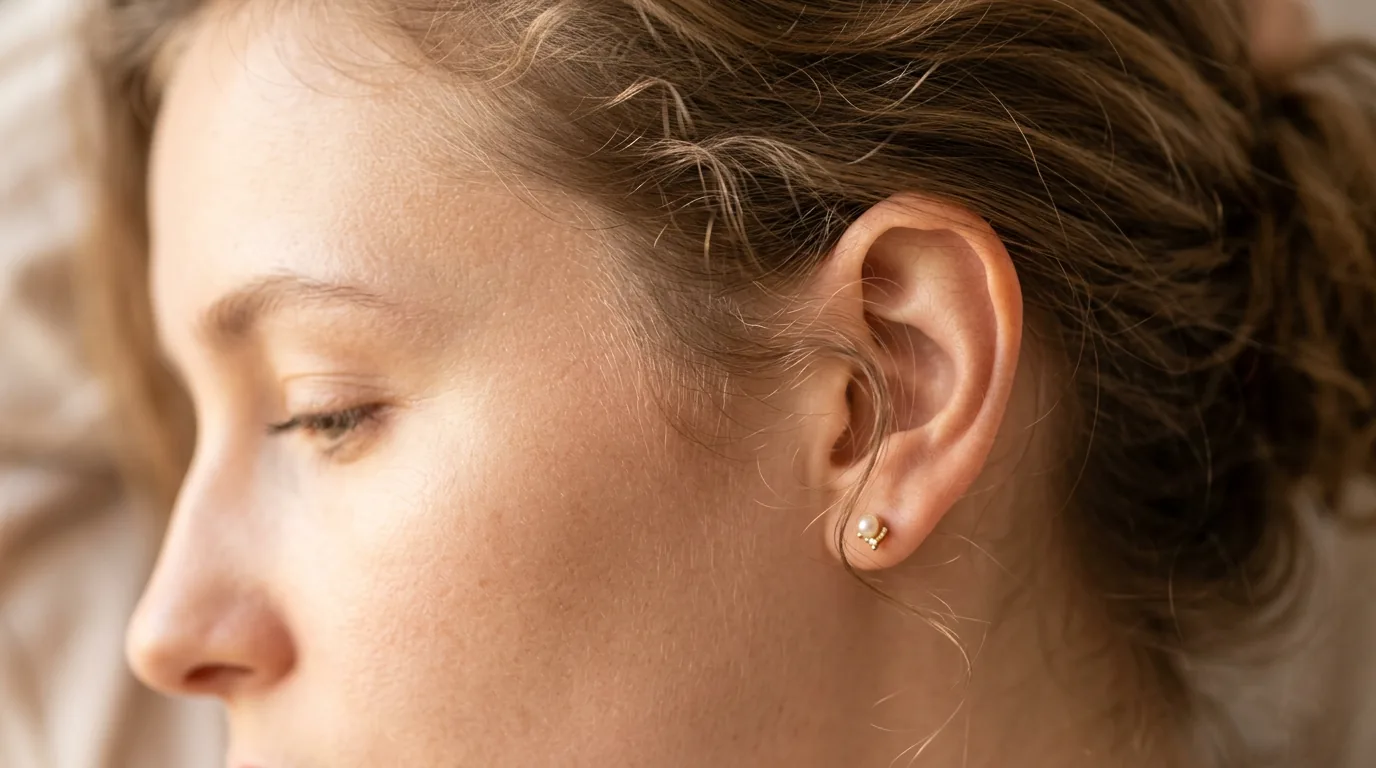 Close-up of delicate wispy hair tendrils and baby hairs at woman's temple area with soft lighting