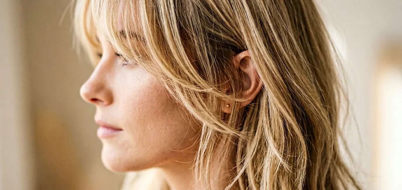Woman with wispy layered bangs showing soft texture and movement in blonde hair
