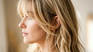 Woman with wispy layered bangs showing soft texture and movement in blonde hair